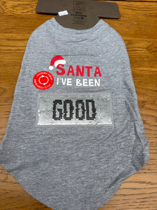 House of Paws 'Santa I've been GOOD/BAD' Reversible Sequin DOG Top Heather Grey