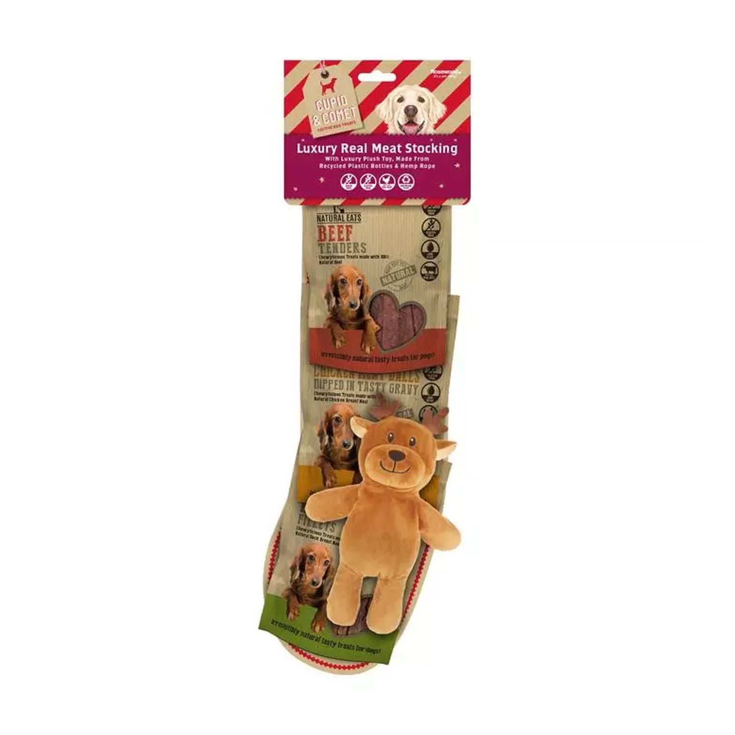 Rosewood Luxury Natural Eat Dog Stocking with Rope Reindeer Toy